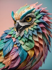 Obraz premium Colorful 3D rendering of an owl with leaves for feathers. AI.