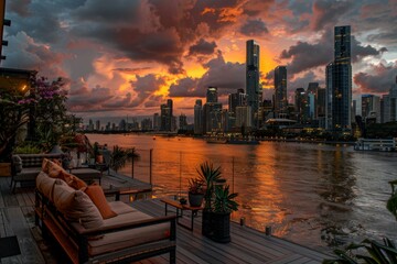A beautiful sunset over a river in a city. AI.