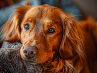 A cute golden retriever dog is resting. AI.