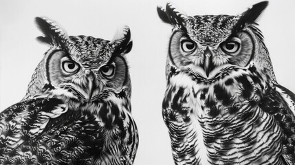 Fototapeta premium Monochrome drawing of 2 owls