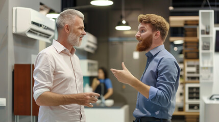 Obraz premium In an air conditioner specialist store, an air conditioner salesman assists a consumer before buying an appliance