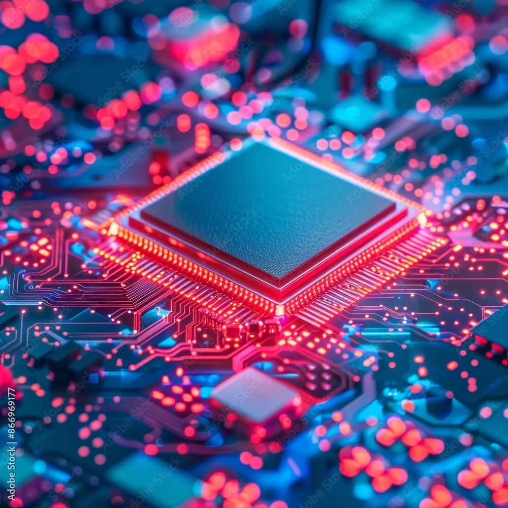 Poster detailed close up of microchip circuits with intricate patterns and soft, ethereal glow at its core