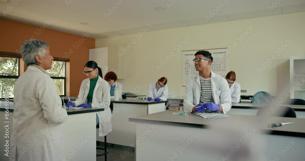 Poster school, question and teacher with students in classroom for learning, education and chemistry lesson