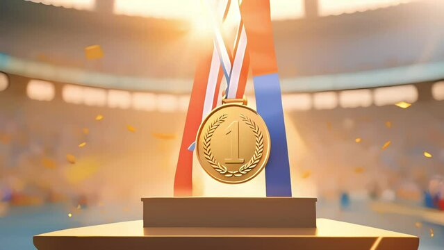 Olympic gold medal number 1 displayed on the stadium podium