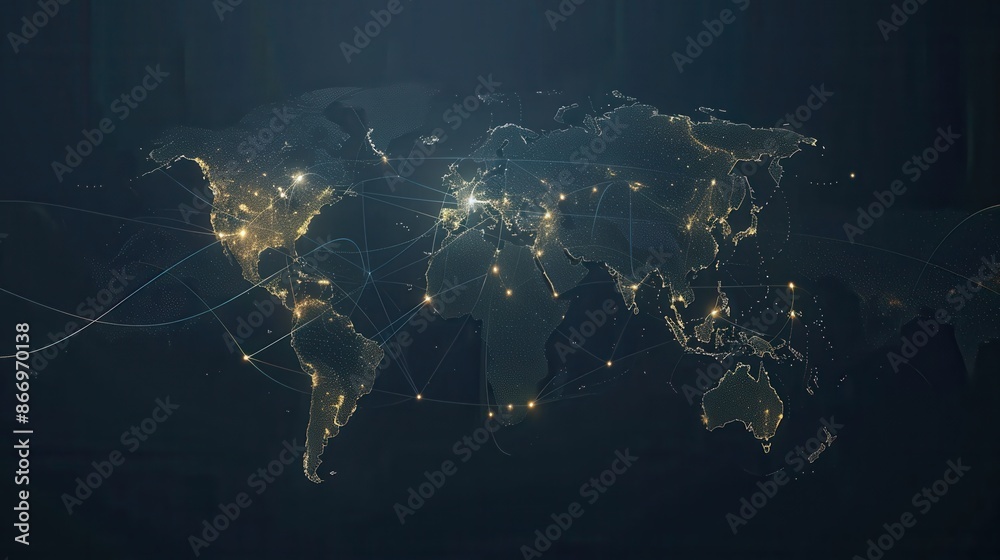 Poster a minimalist world map with highlighted travel routes, perfect for travel agencies and global bookin
