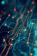 Fototapeta premium Glowing blue circuit board in dark space with radiant light lines for abstract tech concept