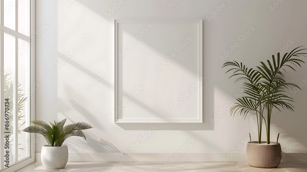 Poster empty white wall with two plants and a window