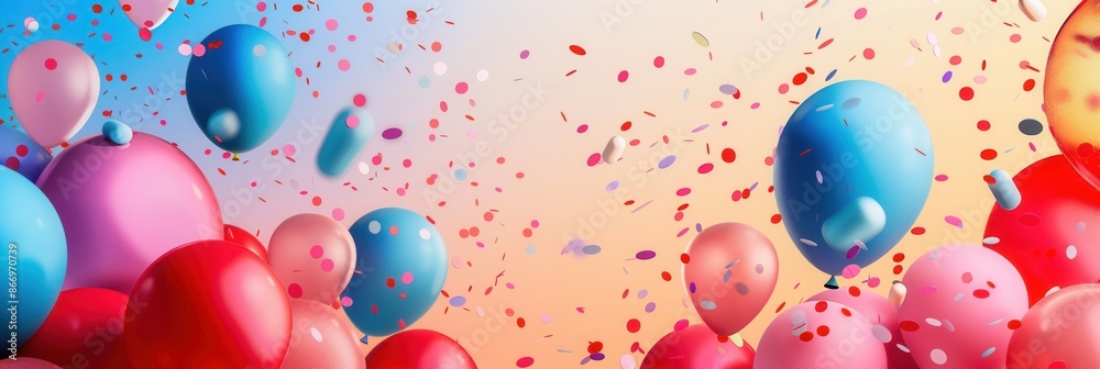 Poster A vibrant image featuring colorful balloons of various shapes, creating a festive atmosphere. Confetti fills the air, adding to the celebratory mood. Generative AI