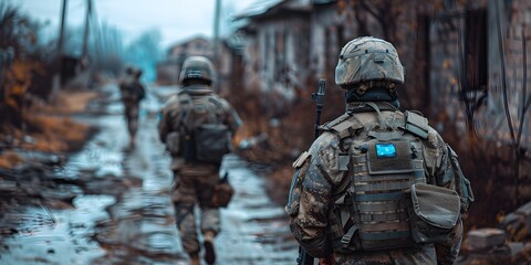 Ukrainian soldiers reflecting on lost time and sacrifices, standing at the beginning of an inevitable, difficult path, with visible symbols of Ukrainian military and national identity