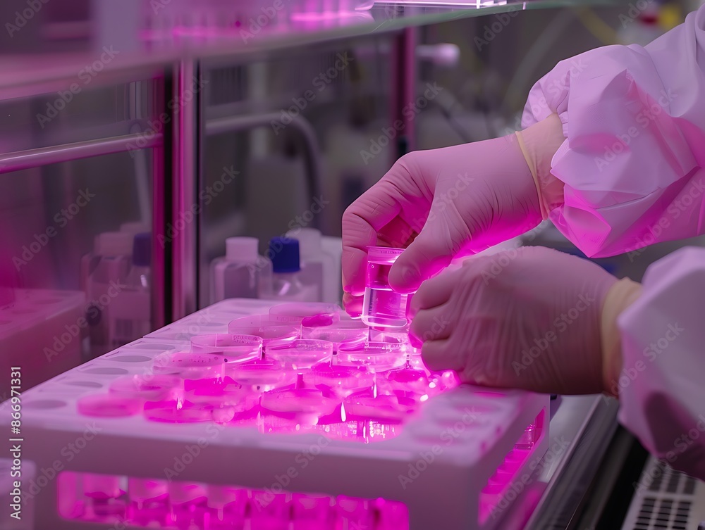 Poster close-up of gloved hands handling a glass beaker in a lab