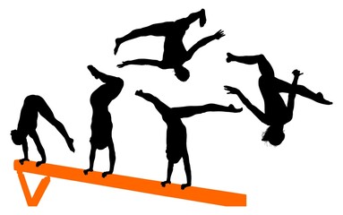gimnasia, deportes, acrobatas, gimnastas, silueta, vectores