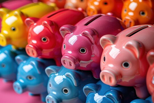 A collection of vibrant, multicolored piggy banks stacked in an eye-catching arrangement, signifying savings, wealth, and financial planning in a playful manner.