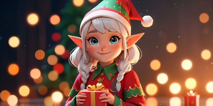 Beautiful and friendly Christmas elf on bokeh background. Generative AI