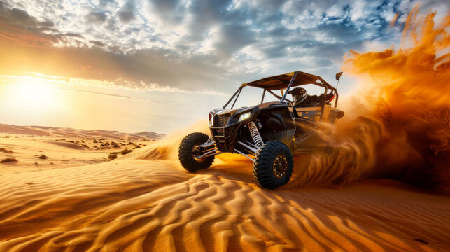 A dune buggy speeds across a desert landscape, kicking up a cloud of sand as the sun sets in the distance
