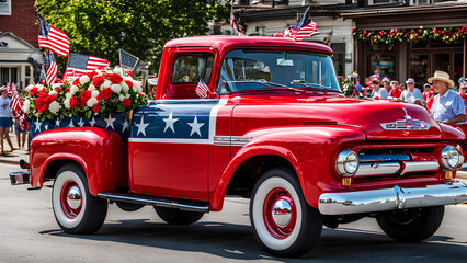 Small-town parade features a beautiful red antique truck adorned with flowers and American flags