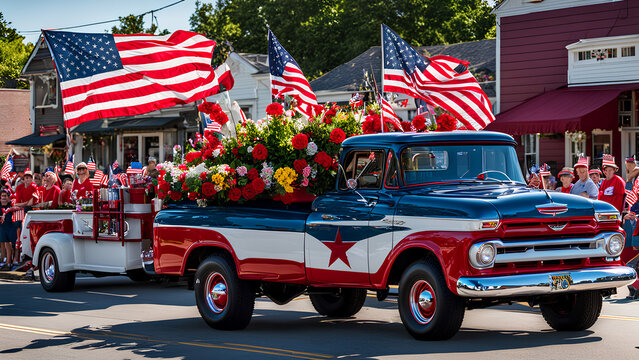 Red, old-timey truck with flowers and American flags steals the show in a charming small-town parade
