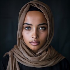 Fototapeta premium Portrait of Young Muslim Woman in Hijab with Intense Gaze. Generative AI.