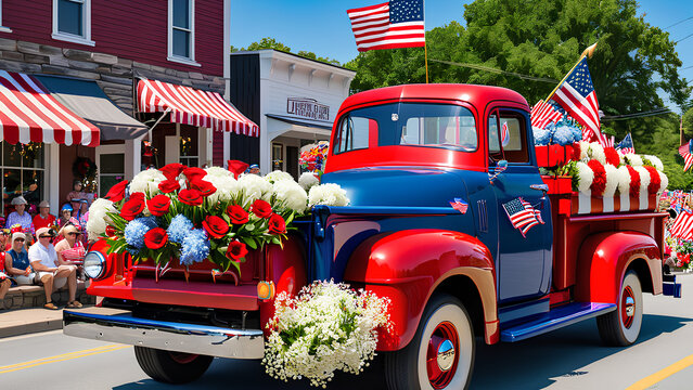 Classic red truck, all decked out with flowers and American flags, joins a celebratory small-town parade