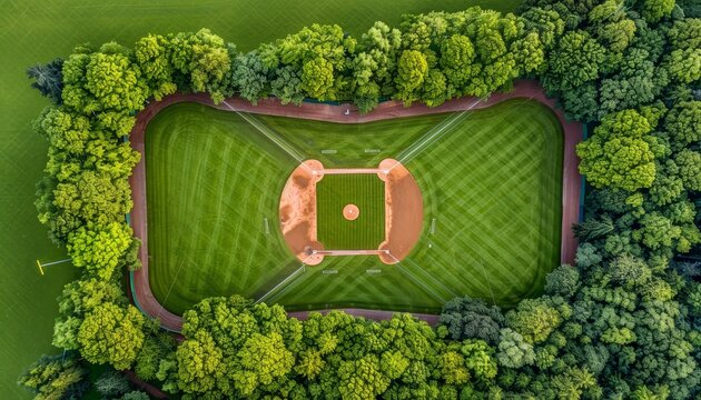 Detailed aerial view showcasing the layout of a baseball diamond from a bird s eye perspective