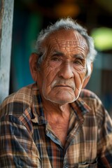Portrait of an Elderly Hispanic Man with a Thoughtful Expression in Plaid Shirt. Generative AI.