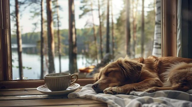 Dog sleeping next to coffee on a table by a window with a view of a pine forest and lake. Cozy and serene scene.
 Seamless looping 4k time-lapse virtual video animation background. Generated AI