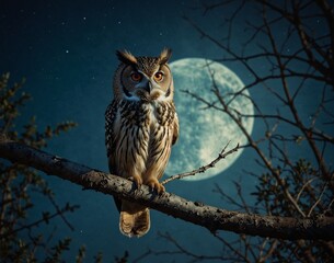 Obraz premium Owl in the forest at full moon