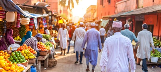 Obraz premium Dynamic street market with diverse vendors selling exotic produce in warm, earthy tones