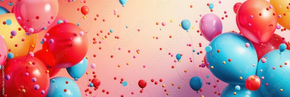 Poster a festive celebration with colorful balloons of various shapes and sizes floating against a pink bac