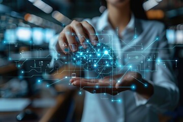 A person's hand presents a digital brain, glowing and interconnected with data streams and network nodes, illustrating the concept of artificial intelligence and data science.