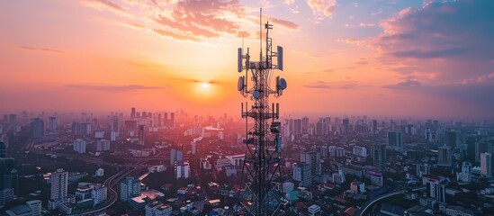Cityscape with Communications Tower at Sunset