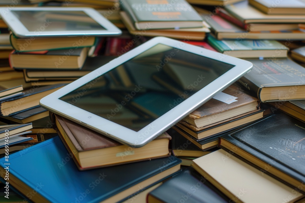 Fototapete a close-up image of a tablet and e-reader resting on a pile of books, representing the evolution of 
