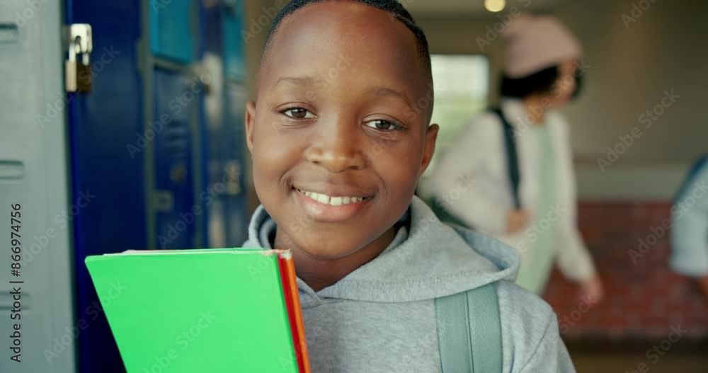 Poster smile, school and portrait of boy at locker for education, growth or child development at academy. c