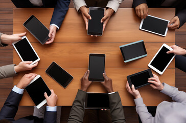 Business professionals gather around a wooden table with tablets and smartphones, engaging in a collaborative discussion