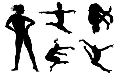 gimnasia, deportes, acrobatas, gimnastas, silueta, vectores