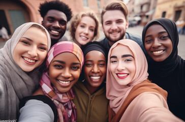 Obraz premium A diverse group of friends taking a cheerful selfie outdoors, smiling and enjoying their time together