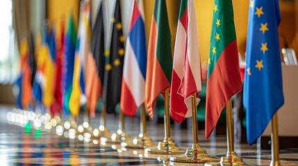 Public display of european union flags arranged in a sequential order for viewing