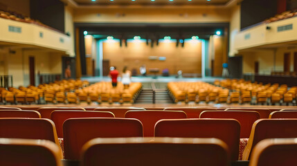 a of a school auditorium with rows of seats and a stage, capturing a blurred background of students preparing for a performance or assembly, Interior, School, indoor