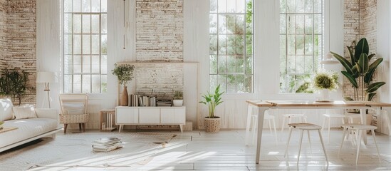 Loft featuring a white dining area with a table, seats, and sideboard