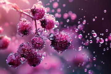 Branch of pink berries covered in water droplets being splashed with water on a purple background