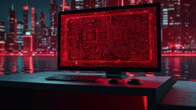 A red computer monitor is sitting on a desk in front of a futuristic city at night.