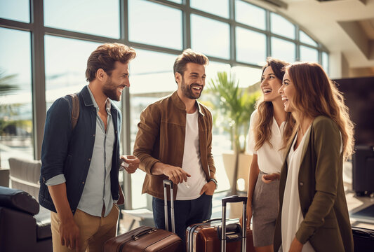 A group of business travelers at the airport, smiling and conversing with their luggage, ready for a trip