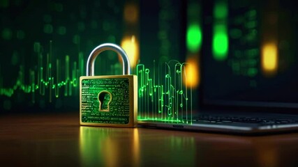 A green padlock sits on a desk in front of an open laptop. Green and yellow lines representing stock prices move quickly in the background. - Powered by Adobe
