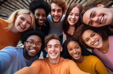 Obraz premium A diverse group of friends smiling and enjoying each other's company, showcasing unity and happiness.