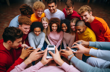 Fototapeta premium A group of friends gathered around, smiling and sharing moments together, with their smartphones in hand