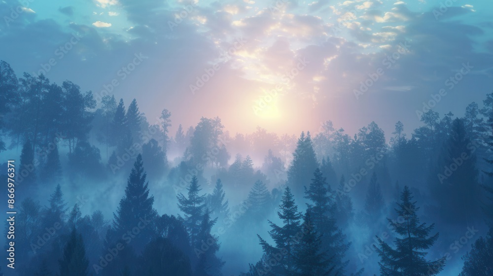Poster a serene forest landscape at dawn, with sunlight filtering through the mist. generative ai
