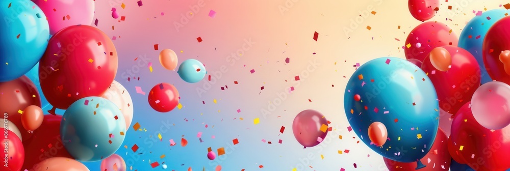 Poster A vibrant image of colorful balloons floating in the air, with confetti raining down, creating a cheerful and celebratory atmosphere perfect for a party or festive event. Generative AI