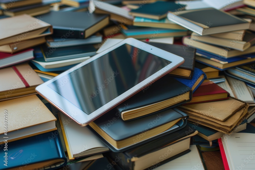 Leinwandbilder A digital tablet rests on top of a stack of traditional textbooks, representing the merging of modern and traditional learning methods. Generative AI