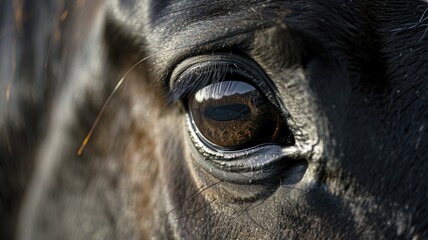 Close-up of dark brown horse's eye reflecting scenery