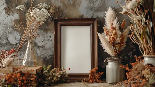Empty wooden frame surrounded by dried flowers and grasses on a rustic background. Studio still life photography with natural light