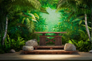 Obraz premium Background podium jungle product platform 3D green wood display pedestal. Background podium jungle tree nature leaf tropical cosmetic summer forest plant garden stage water presentation stone table. 